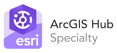 Official Esri ArcGIS Hub Specialty badge featuring the Esri logo and a purple hexagonal icon