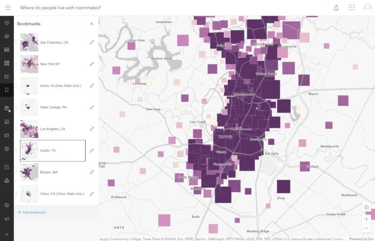 ArcGIS Online Map Viewer Beta showing a Where do people live with roommates map with the Bookmarks panel open, listing saved locations including San Francisco, New York, Austin, and Boston, with Austin TX currently selected and displayed on the map