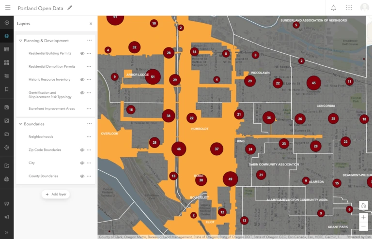 ArcGIS Online Map Viewer showing a Portland Open Data map with a group layers panel open, organizing layers into Planning and Development and Boundaries categories