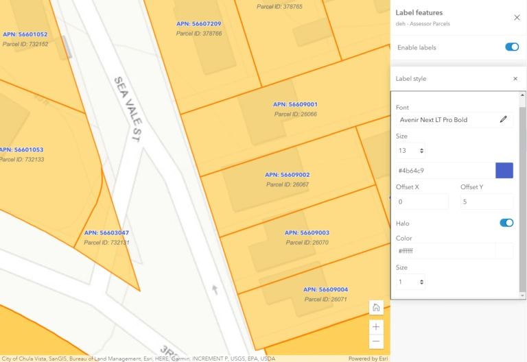 ArcGIS Online Map Viewer label configuration panel showing multiple label styles applied to an Assessor Parcels layer, with APN and Parcel ID displayed as separate labels on a parcel map of Chula Vista