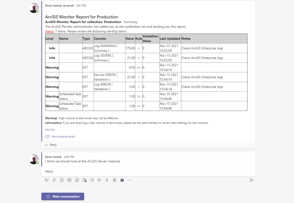 ArcGIS Monitor Report for Production in a Teams channel, seven alerting items, Kevin Sadrak reply.