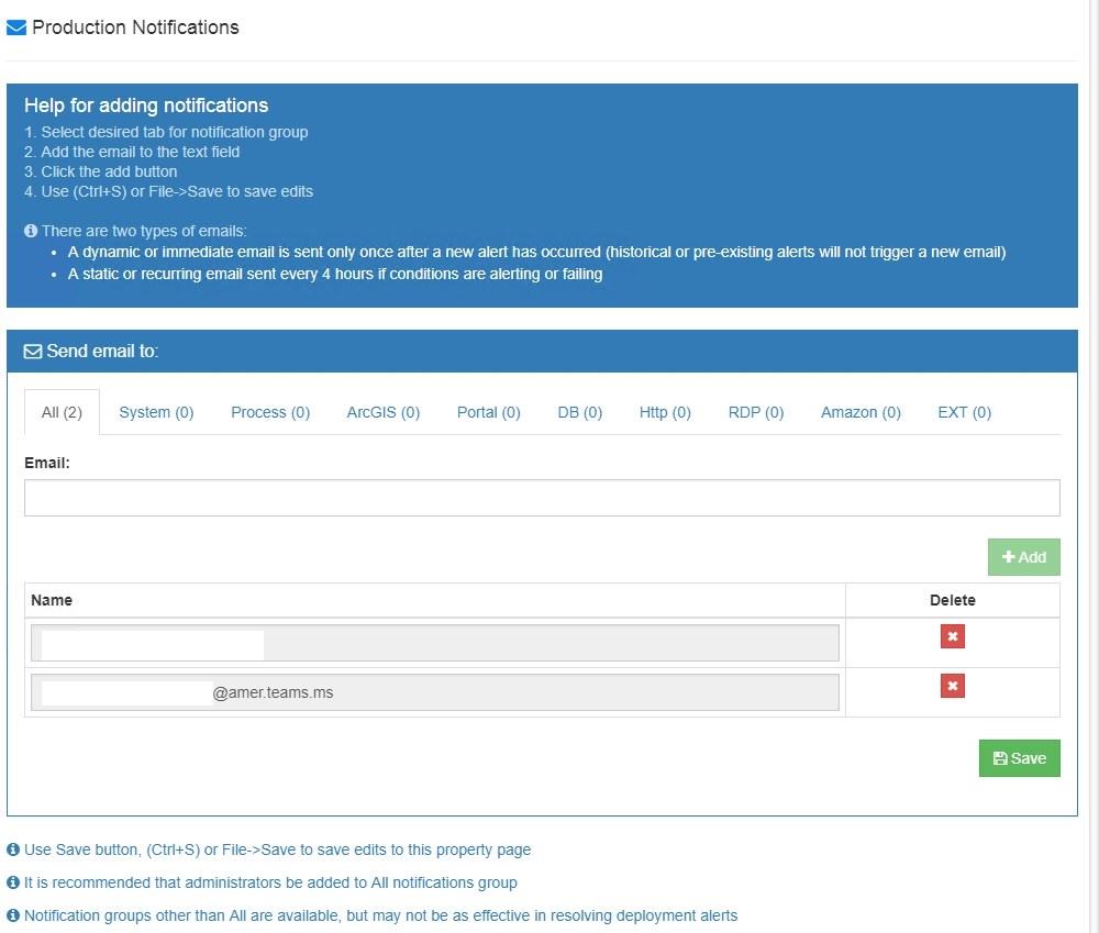 Production Notifications settings page with Teams channel email @amer.teams.ms in the All notifications group.