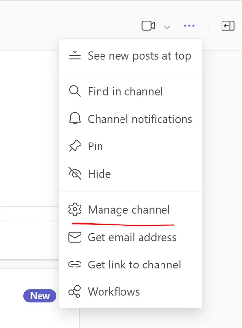 Microsoft Teams channel context menu showing available options including Manage channel, highlighted with a red underline to indicate it is the correct option to select when setting up an Incoming Webhook connector.