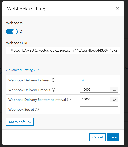 ArcGIS Monitor Webhooks Settings dialog with webhooks toggled on, a webhook URL field populated with a Microsoft Azure logic app URL, and Advanced Settings expanded showing delivery failure, timeout, reattempt interval, and secret fields.