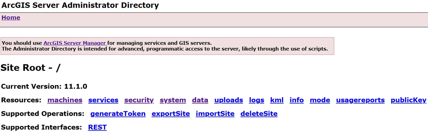 Screenshot of the ArcGIS Server Administrator Directory at version 11.1.0, showing Site Root with resource links including machines, services, security, system, data, uploads, logs, and supported operations including generateToken, exportSite, importSite, and deleteSite.