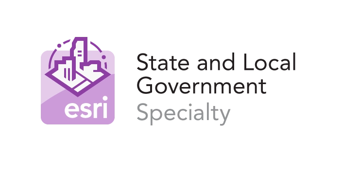 Esri State and Local Government Specialty badge, featuring a purple icon of a layered city map with the Esri logo, alongside the text 'State and Local Government Specialty'