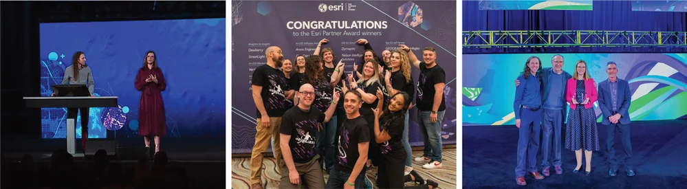 Three-photo collage from Esri Partner Conferences: Mara Stoica presenting on stage at the 2024 Esri Partner Conference (left); the dymaptic team celebrating in front of a Congratulations to the Esri Partner Award Winners banner listing dymaptic among the honorees (center); Mara and Christopher Moravec receiving the Esri GIS for Good Award on stage from Esri CEO Jack Dangermond at the 2023 Esri Partner Conference (right).