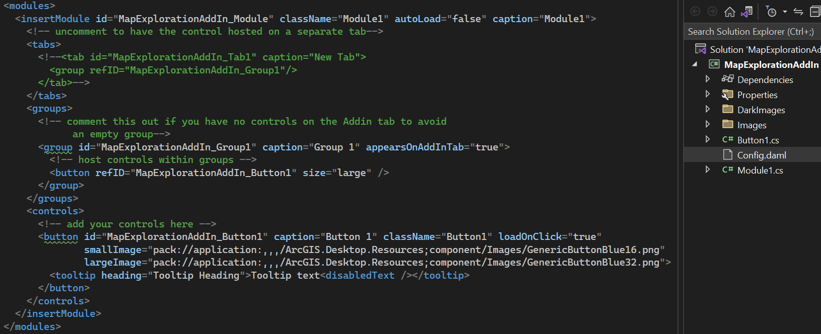 Config.daml XML for the dymaptic.Pro.ZoomToCoordinates Add-In showing the module definition, group, and two button controls (Zoom and Settings), with the Visual Studio Solution Explorer alongside displaying the full project structure including ViewModels, Views, Config.daml, and ZoomToCoordinatesModule.cs.