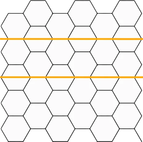 Diagram showing two horizontal orange lines crossing a grid of hexagons, illustrating how horizontal lines alternately pass through the center of a hexagon and along the edge between two hexagons, making horizontal patterns harder to read in hexagonal grids