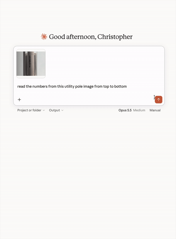 Screen recording of Claude Opus 5.5 being given a photo of the utility pole with the prompt to read the numbers from top to bottom, and returning the serial number