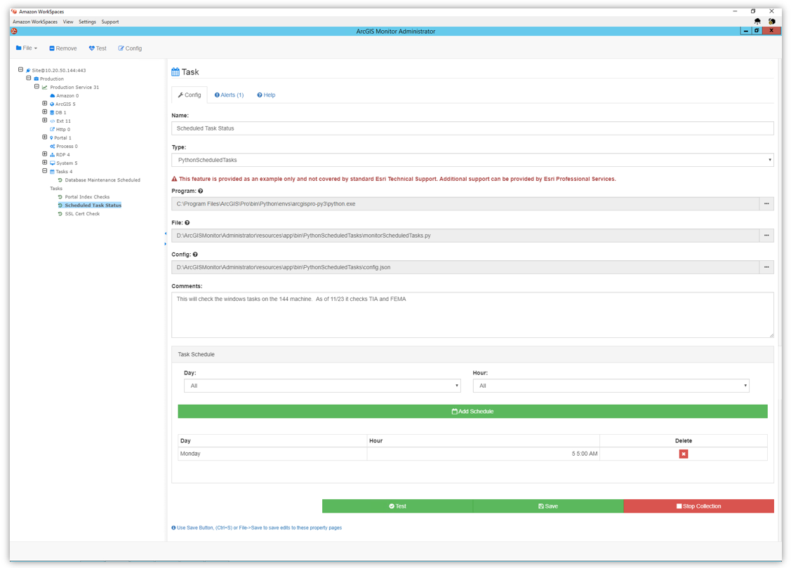 ArcGIS Monitor Administrator interface showing the configuration for a Task named Scheduled Task Status of type PythonScheduledTasks, with the monitorScheduledTasks.py file path set, a comment noting the task checks TIA and FEMA Windows tasks on the 144 machine, and a Task Schedule set to run every Monday at 5:00 AM.