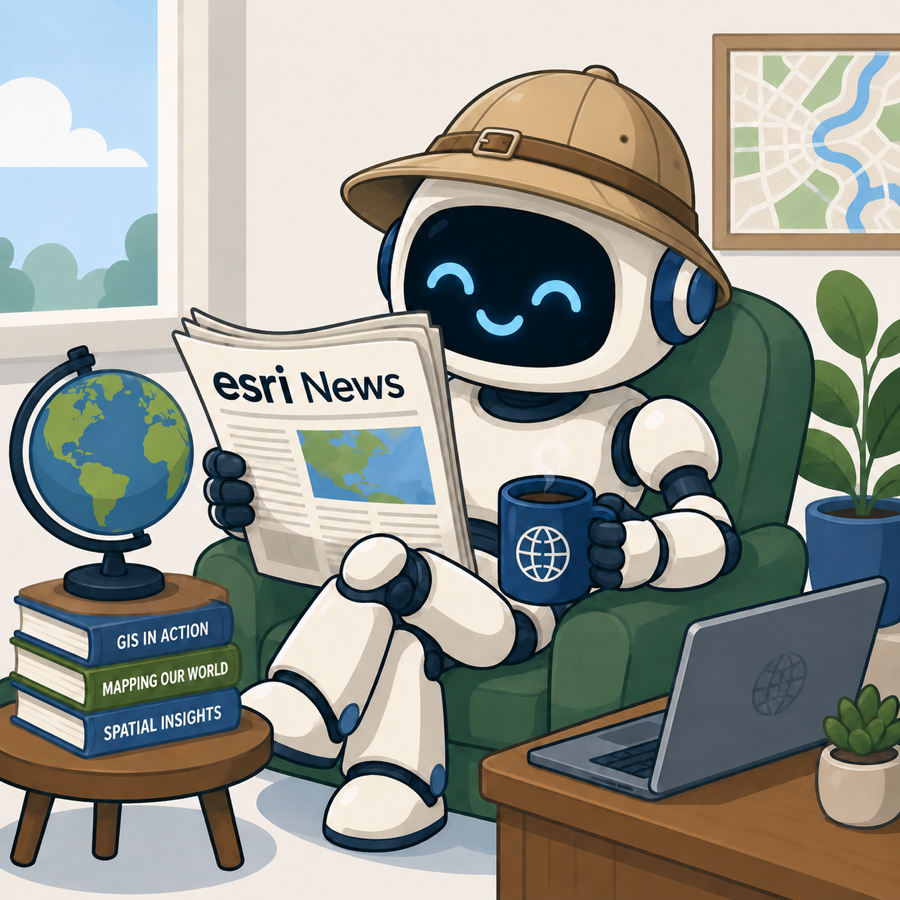 Scout, dymaptic's AI content assistant, drawn as a friendly white robot in an explorer's pith helmet and headphones, relaxing in a green armchair reading an “esri News” newspaper and holding a globe-logo coffee mug, with a small globe, a stack of GIS books, and a laptop nearby