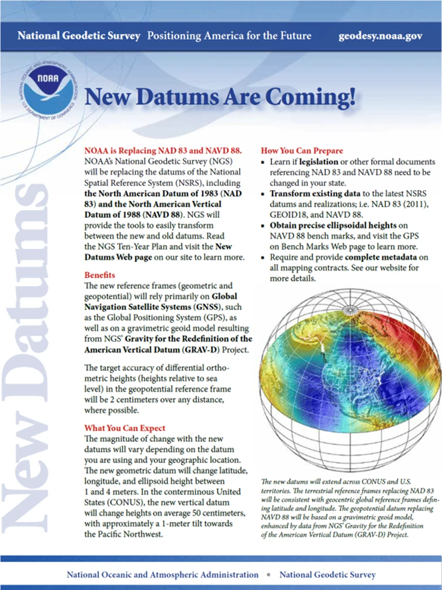 NOAA National Geodetic Survey flyer titled "New Datums Are Coming," explaining the NAD 83 and NAVD 88 replacement and how users can prepare.