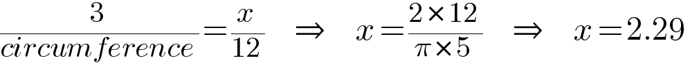 Mathematical formula showing the proportion 3 over circumference equals x over 12, solved to x equals 2 times 12 over pi times 5, equaling 2.29 decimal hours.