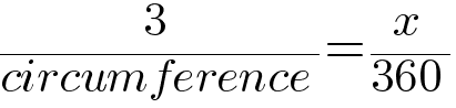 Partial proportion formula showing 3 over circumference equals x over 360, representing the first step in calculating the degree position of a pipeline defect.