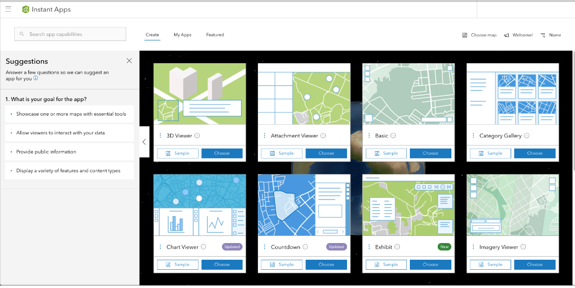 Screenshot of the ArcGIS Instant Apps template gallery showing eight app options including 3D Viewer, Attachment Viewer, Basic, Category Gallery, Chart Viewer, Countdown, Exhibit, and Imagery Viewer, with a Suggestions panel on the left.