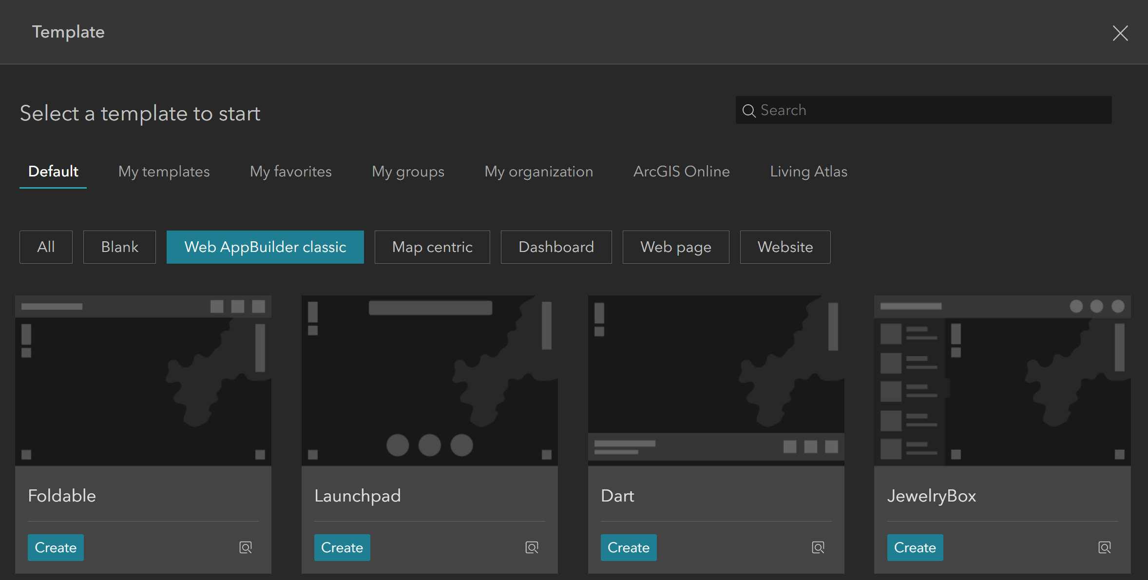 Screenshot of the ArcGIS Experience Builder template selection dialog filtered to Web AppBuilder classic themes, showing four template previews: Foldable, Launchpad, Dart, and JewelryBox.