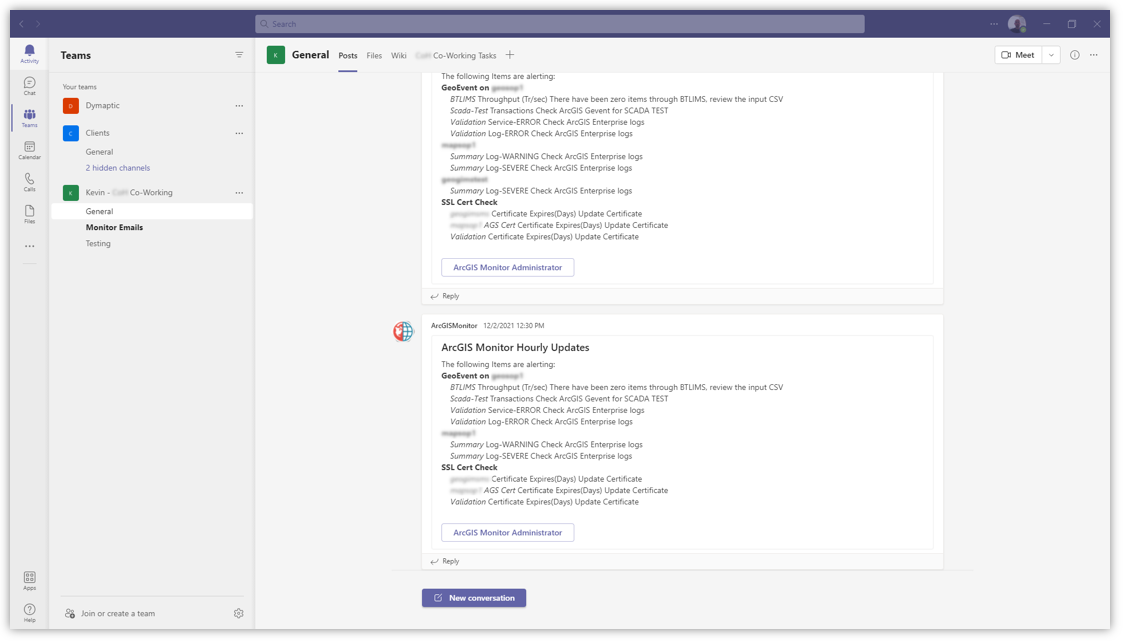 Microsoft Teams channel named "Monitor Emails" displaying two ArcGIS Monitor Hourly Updates messages posted by the webhook integration, each listing active GeoEvent alerts, validation errors, log warnings, and SSL certificate check results formatted as structured text cards.
