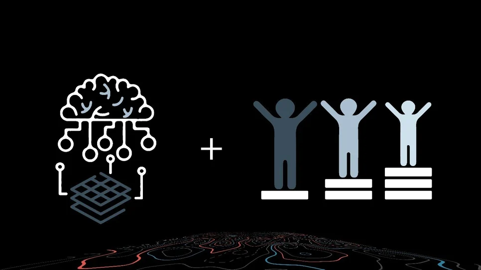 Illustration featuring a neural network icon representing AI, combined with a podium-style graphic of three figures standing on different levels, symbolizing equity