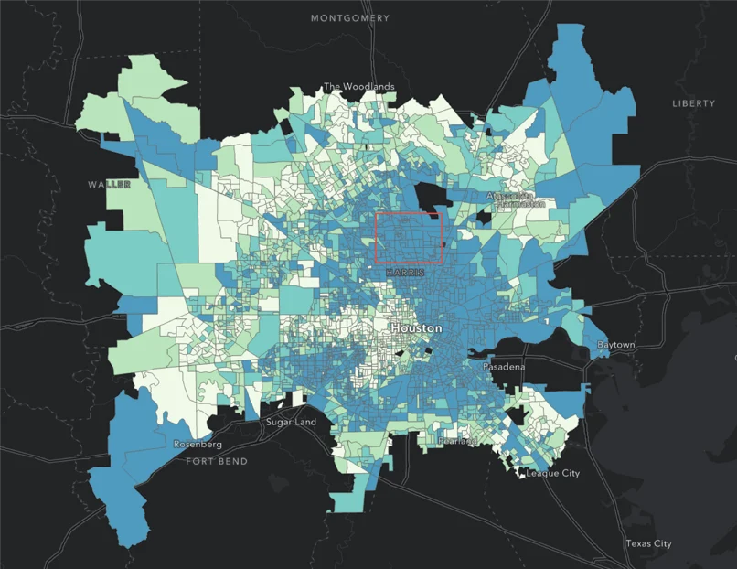 Choropleth map of the greater Houston area displaying the Sidewalk Vulnerability Index, with block groups shaded in teal and blue tones to indicate varying levels of social vulnerability across neighborhoods and surrounding counties