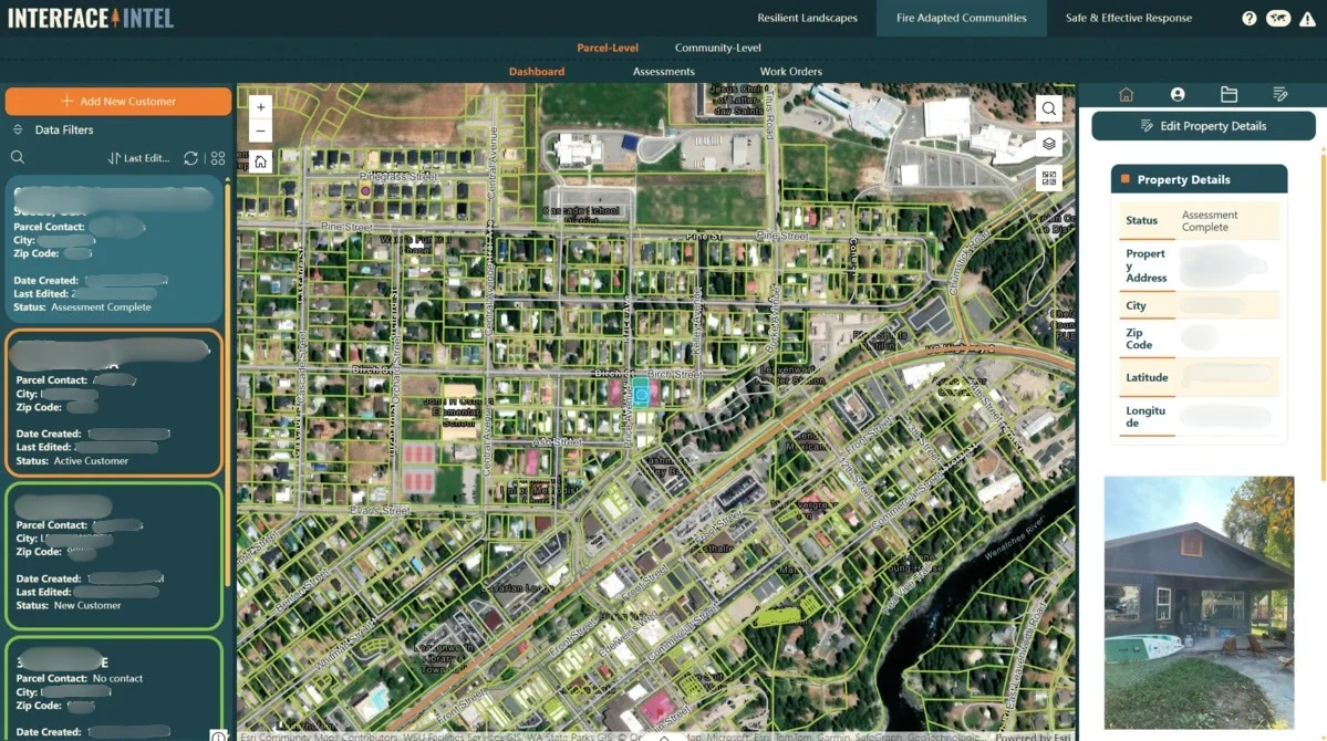 InterfaceIntel dashboard showing a parcel-level map with property records, assessment status, and property details for wildfire mitigation operations.