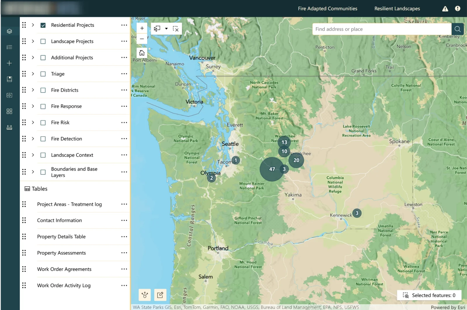 InterfaceIntel map showing wildfire mitigation projects across Washington, with map layers for residential and landscape projects, fire risk, fire response, and property assessments.