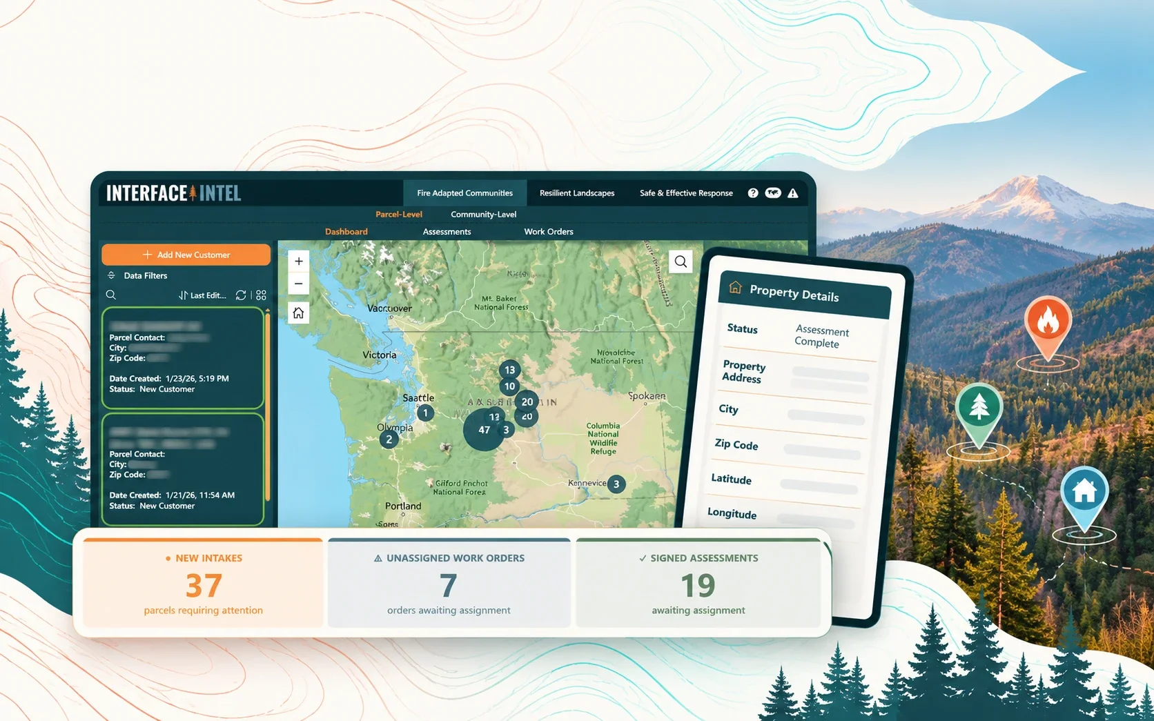 Blue Pine Fuels wildfire mitigation operations dashboard showing a map of Washington alongside a PNW landscape with fire, forest, and home location markers.
