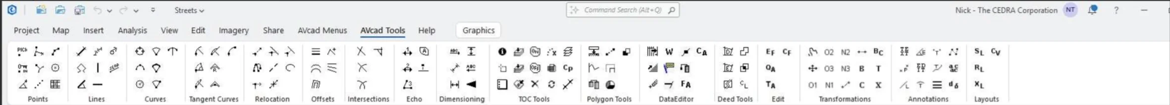 CEDRA's AVcad Tools ribbon tab in ArcGIS Pro, showing dozens of migrated tool icons grouped into Points, Lines, Curves, Tangent Curves, Relocation, Offsets, Intersections, Dimensioning, Polygon Tools, DataEditor, Deed Tools, Transformations, Annotations, and Layouts.