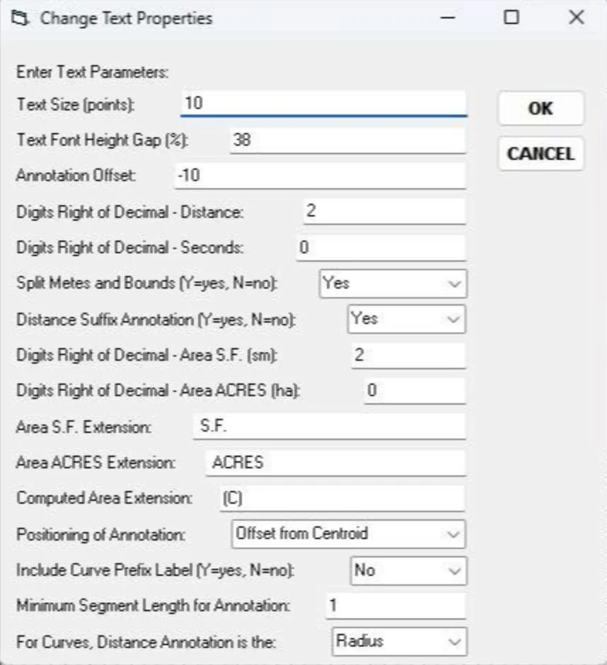 The original CEDRA Change Text Properties dialog box running in ArcMap, a tall Windows Forms panel of text size, annotation offset, decimal precision, and area extension parameters.