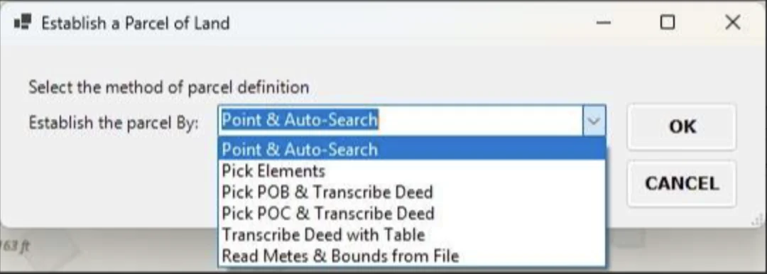 The migrated Establish a Parcel of Land dialog box running in ArcGIS Pro, with the same parcel definition drop-down list expanded over the Pro map view.