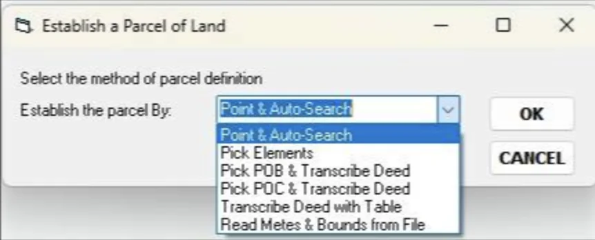 CEDRA's Establish a Parcel of Land dialog box in ArcMap, with the parcel definition drop-down list expanded to show options including Point and Auto-Search, Pick Elements, and Transcribe Deed with Table.