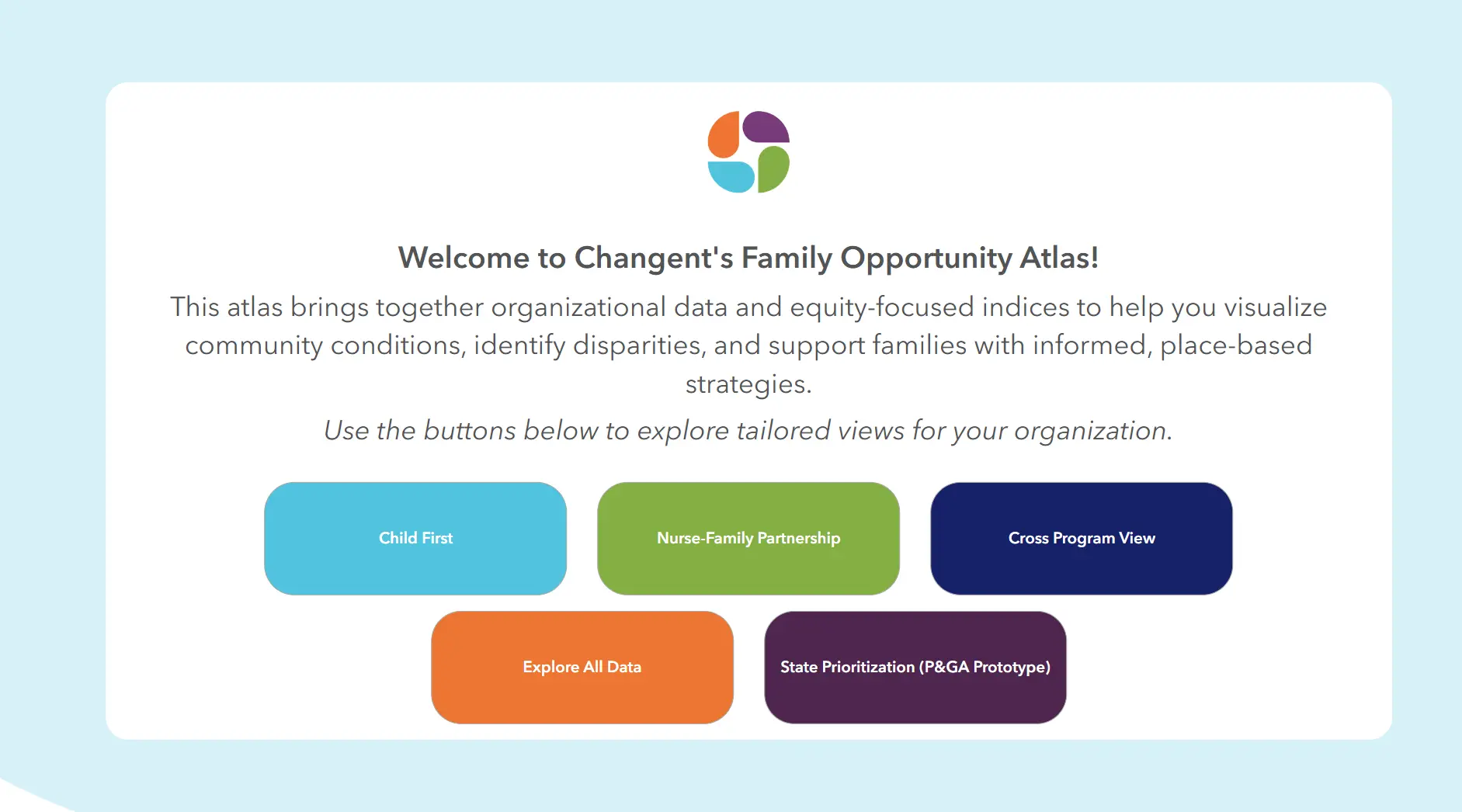 The Family Opportunity Atlas welcome screen, offering tailored views for Child First, Nurse-Family Partnership, Cross Program, and other program areas