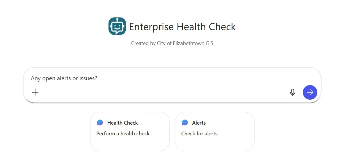 City of Elizabethtown, KY, GIS Enterprise Health Check interface with options to perform a health check or check for alerts.