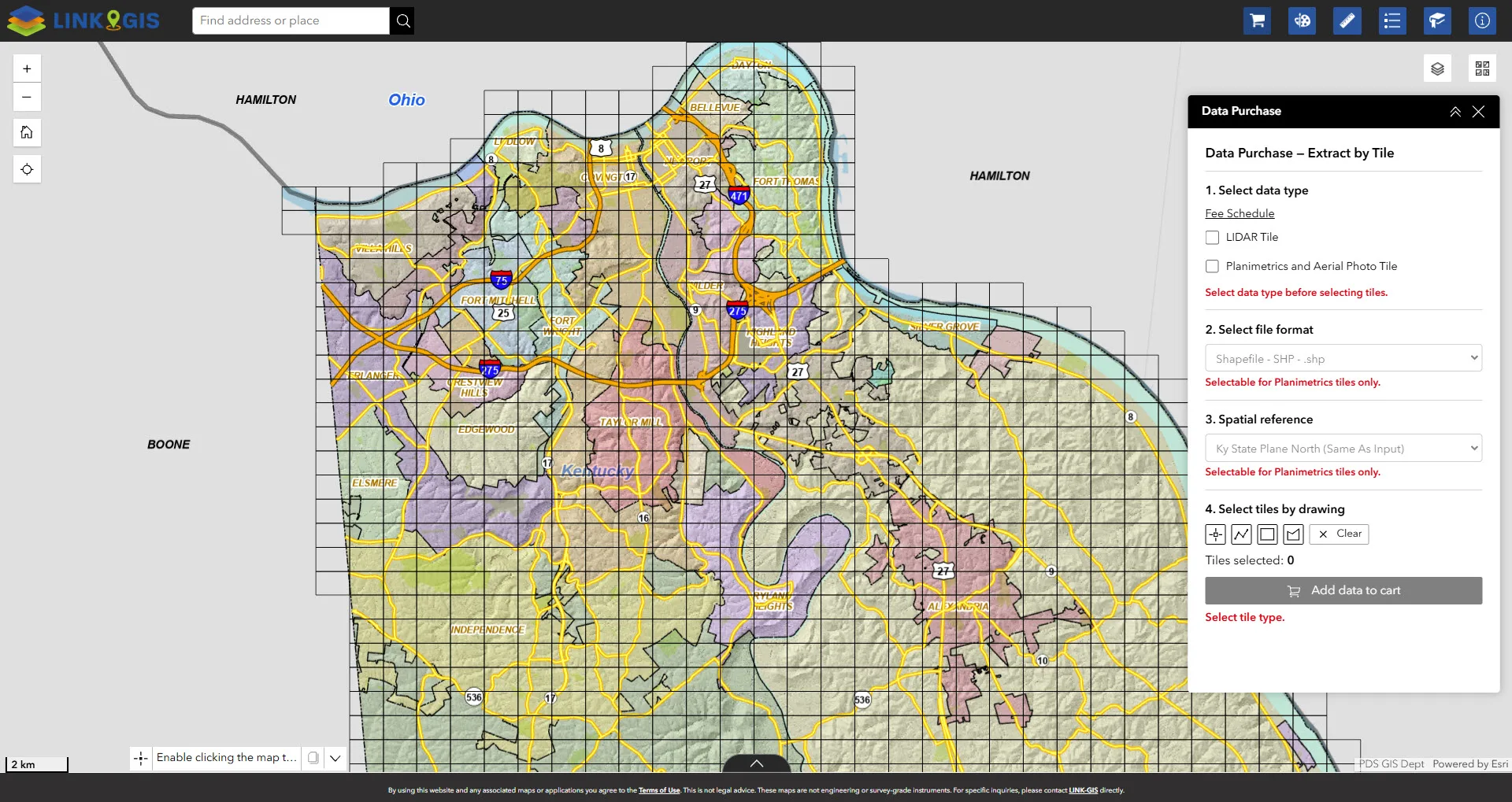 The full LINK-GIS Data Purchase application running on ArcGIS Experience Builder, showing a map of Northern Kentucky communities including Covington, Fort Thomas, Independence, and Alexandria overlaid with a grid of purchasable data tiles, beside the Data Purchase, Extract by Tile panel.