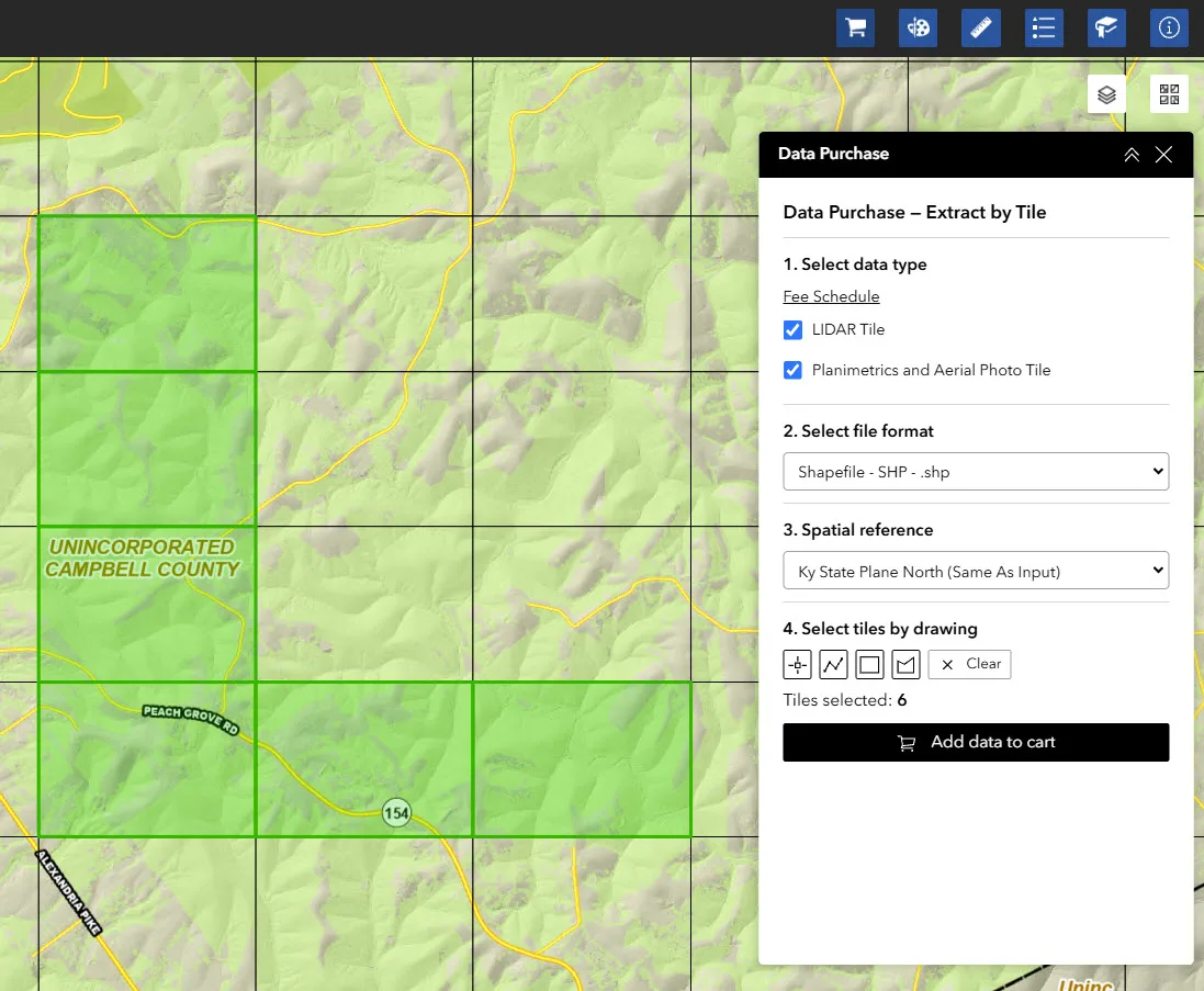 The converted LINK-GIS Data Purchase, Extract by Tile widget with LIDAR Tile and Planimetrics and Aerial Photo Tile selected, Shapefile format, Kentucky State Plane North spatial reference, and six tiles highlighted in green on the map near Peach Grove Road in unincorporated Campbell County, ready to add to the cart.