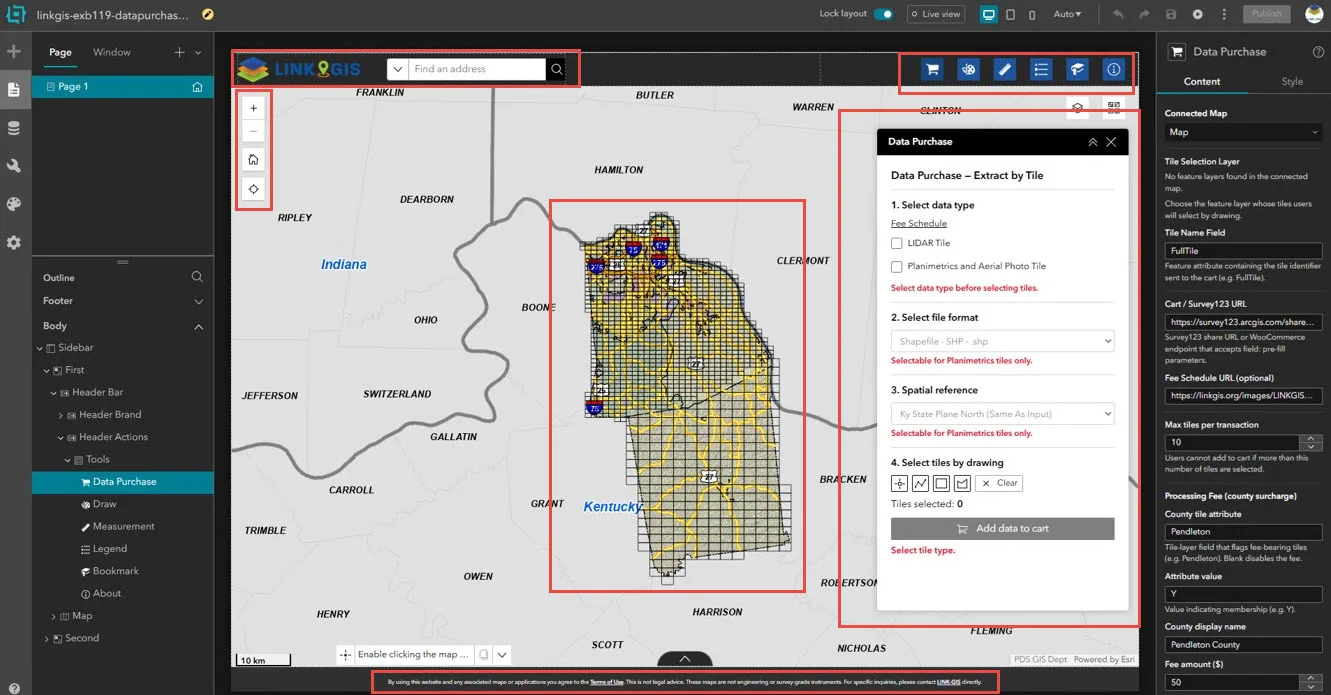 The migrated LINK-GIS Data Purchase application open in the ArcGIS Experience Builder editor, with red outlines around the header, map tools, tile grid, Data Purchase widget, and footer, and the widget's settings for the tile selection layer, cart URL, maximum tiles per transaction, and county processing fee in the right-hand panel.