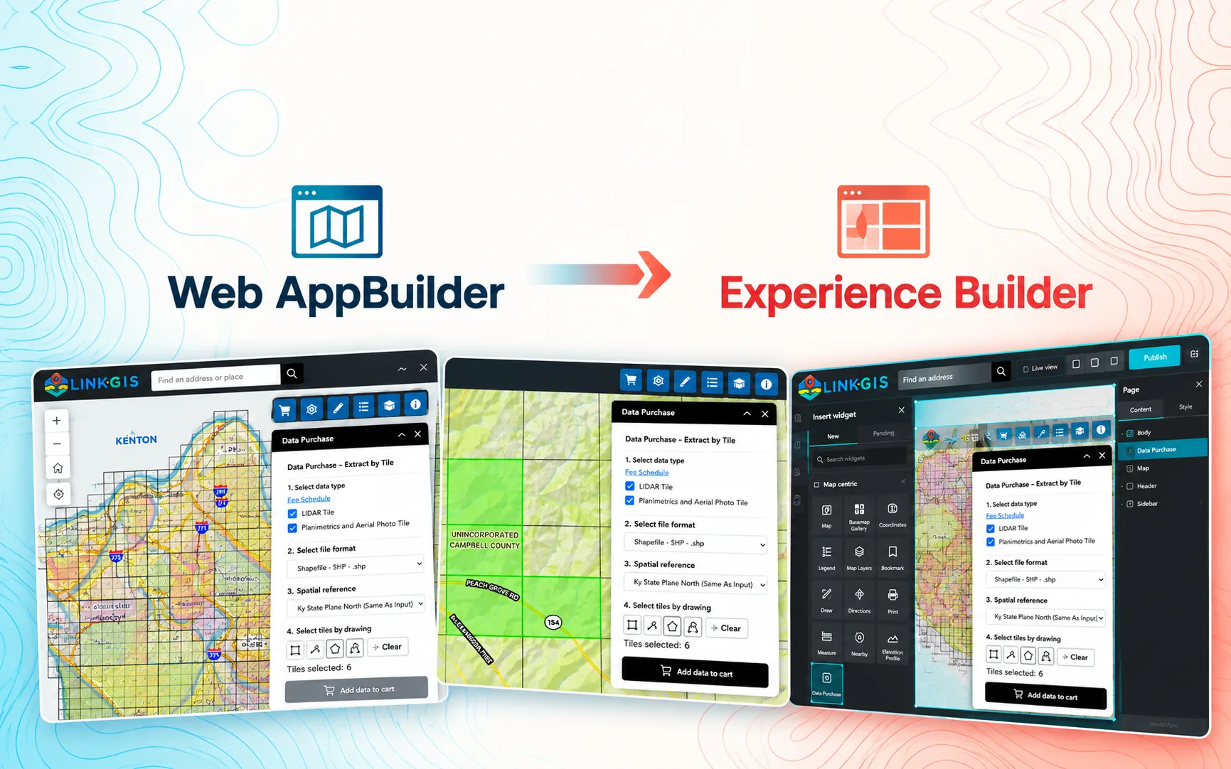 The Web AppBuilder and Experience Builder logos joined by an arrow, above three LINK-GIS Data Purchase screenshots: the original Web AppBuilder app, the Data Purchase widget with six tiles selected, and the migrated app open in the Experience Builder editor.