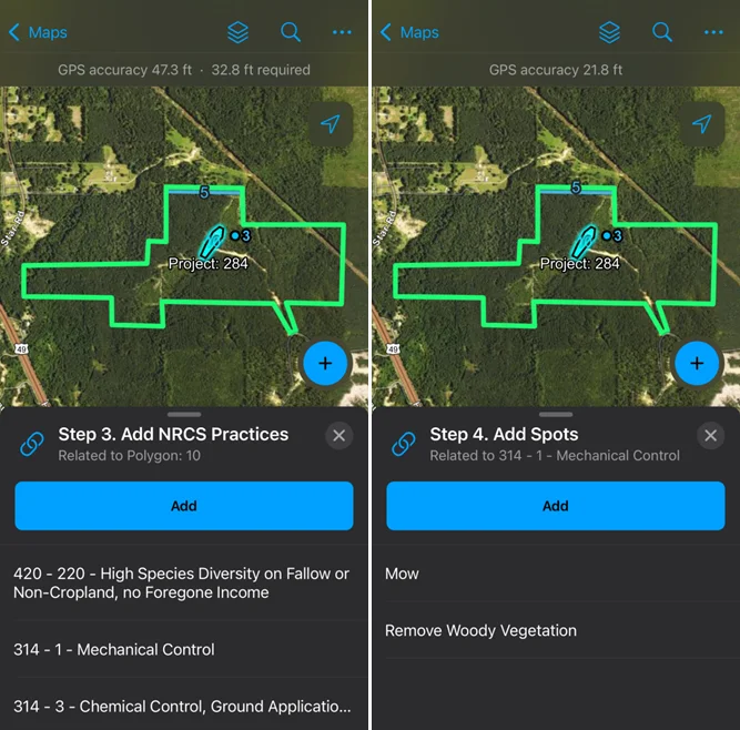 Two side-by-side mobile screenshots of a field data collection app. A green project boundary sits on satellite imagery, and panels guide the user through adding NRCS conservation practices and treatment spots.
